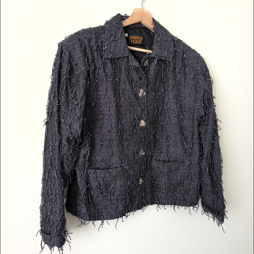 Kindred Spirit Unique Textured Fringe Jacket XL Wearable Art Lagenlook Eclectic‎